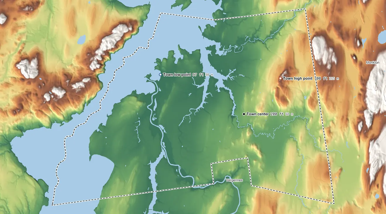 Topographic elevation map of Ferrisburgh, Vermont, shaded from 97 ft on the northwest side to 700 ft on Shellhouse Mountain