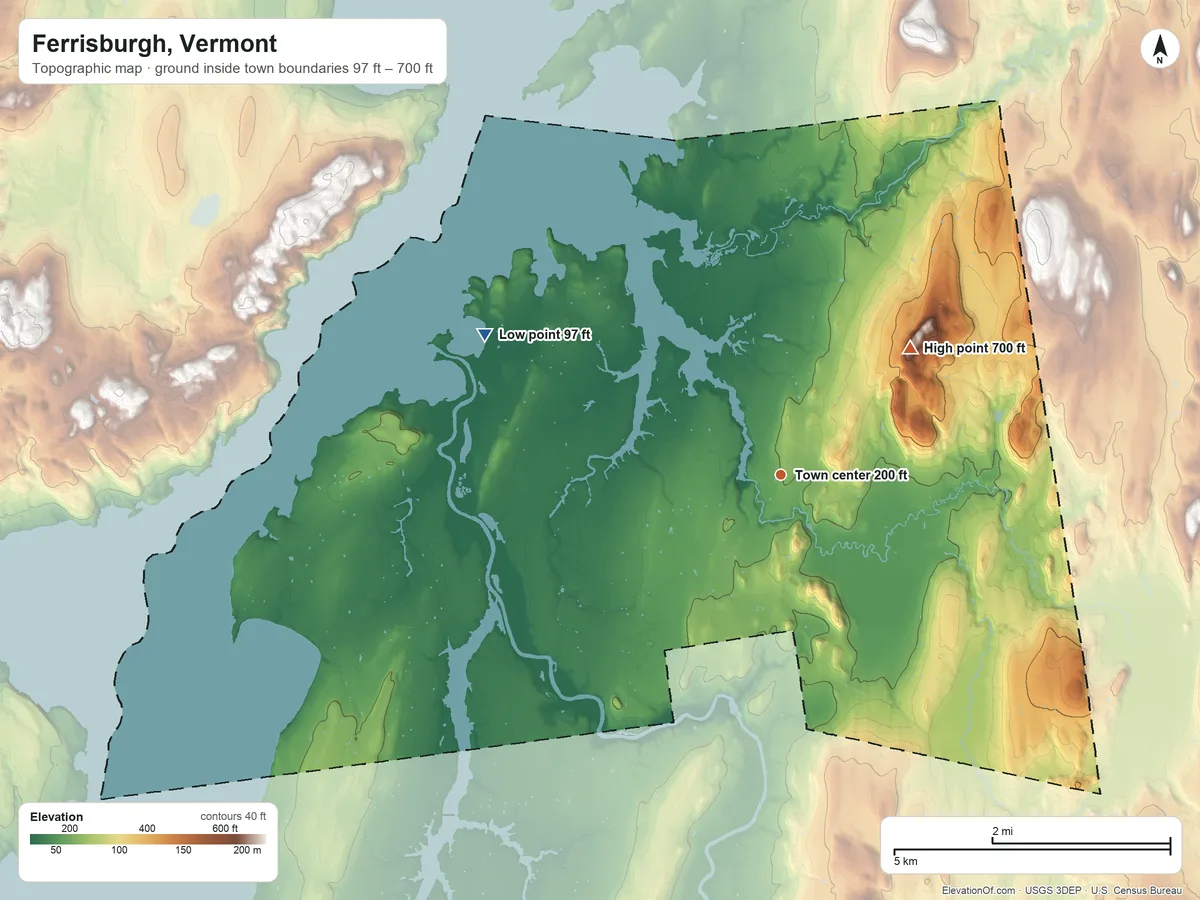 Topographic elevation map of Ferrisburgh, Vermont, shaded from 97 ft on the northwest side to 700 ft on Shellhouse Mountain
