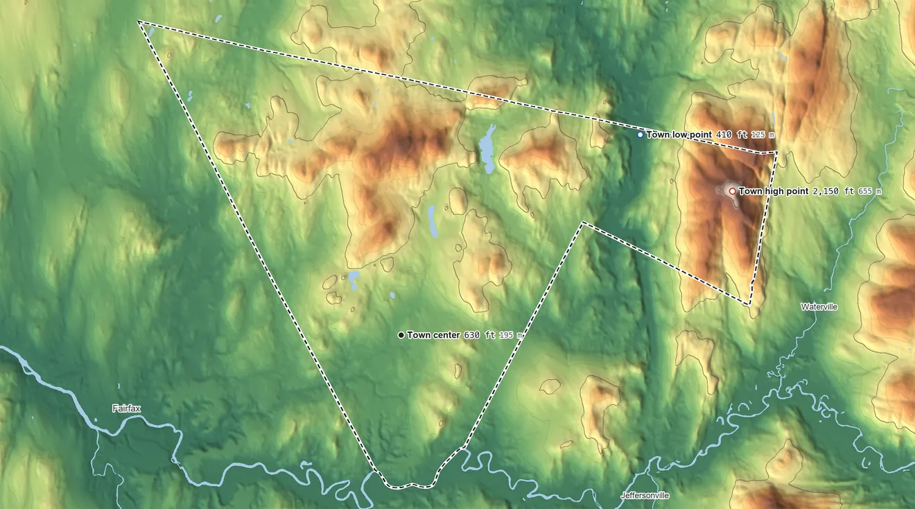 Topographic elevation map of Fletcher, Vermont, shaded from 410 ft on the northeast side to 2,150 ft on Fletcher Mountain