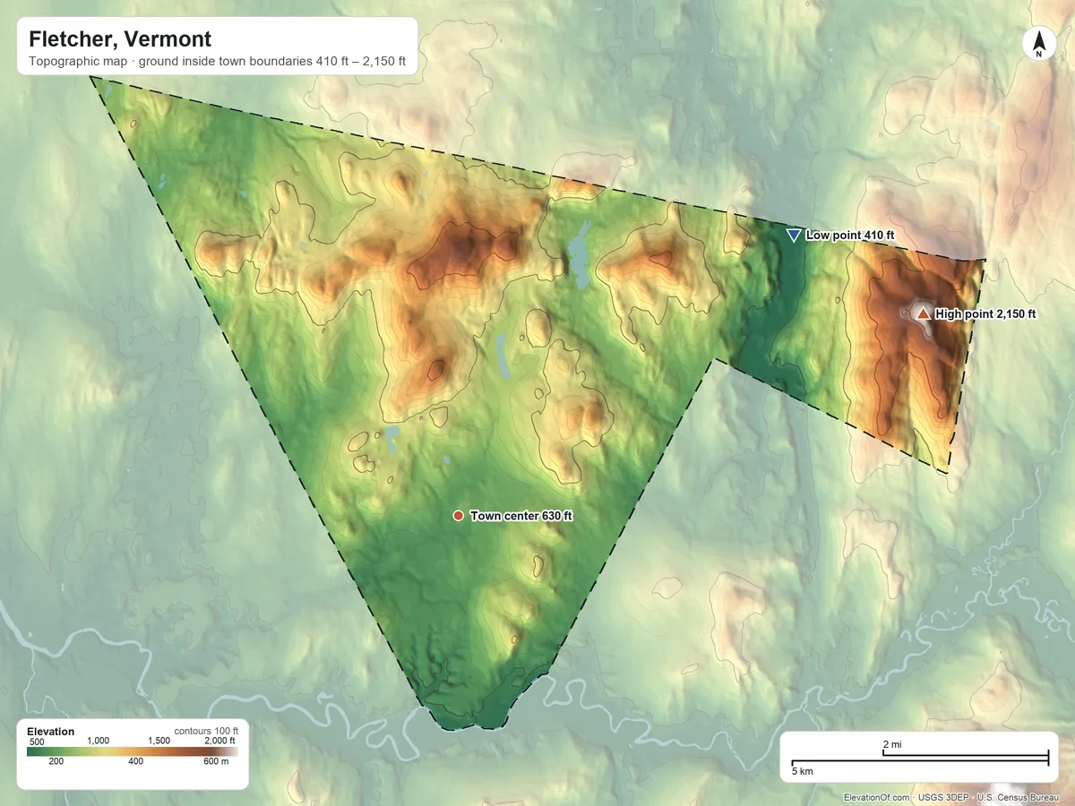 Topographic elevation map of Fletcher, Vermont, shaded from 410 ft on the northeast side to 2,150 ft on Fletcher Mountain
