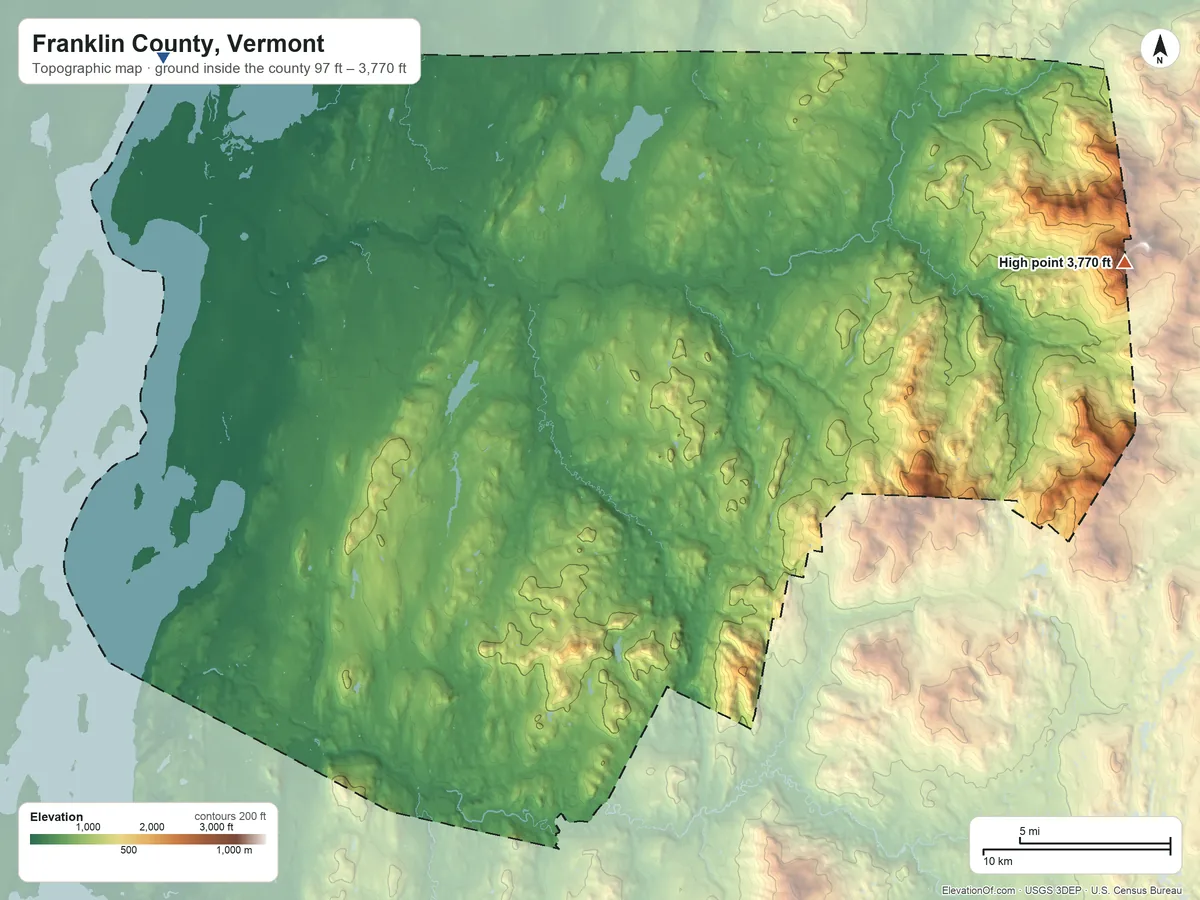 Topographic elevation map of Franklin County, Vermont, shaded from 97 ft on the northwest side to 3,770 ft on Big Jay