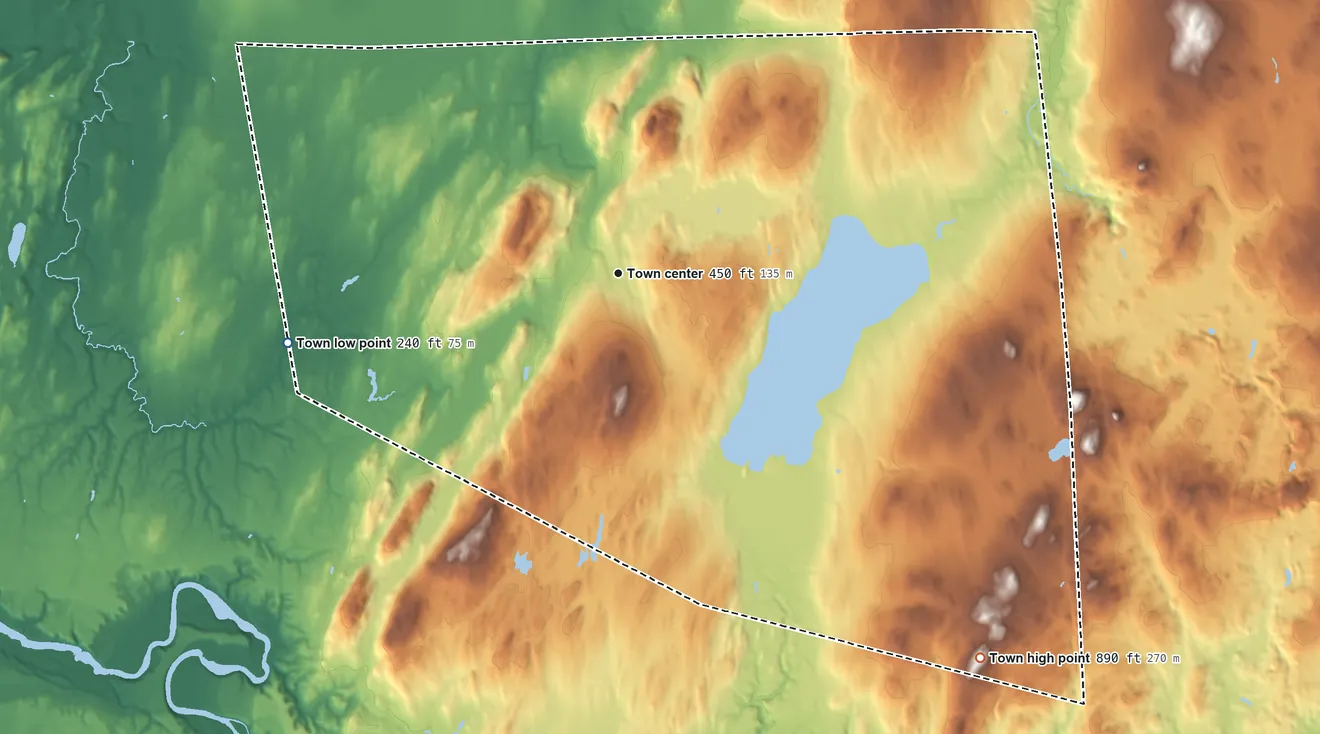 Topographic elevation map of Franklin, Vermont, shaded from 240 ft on the west side to 890 ft on the southeast side