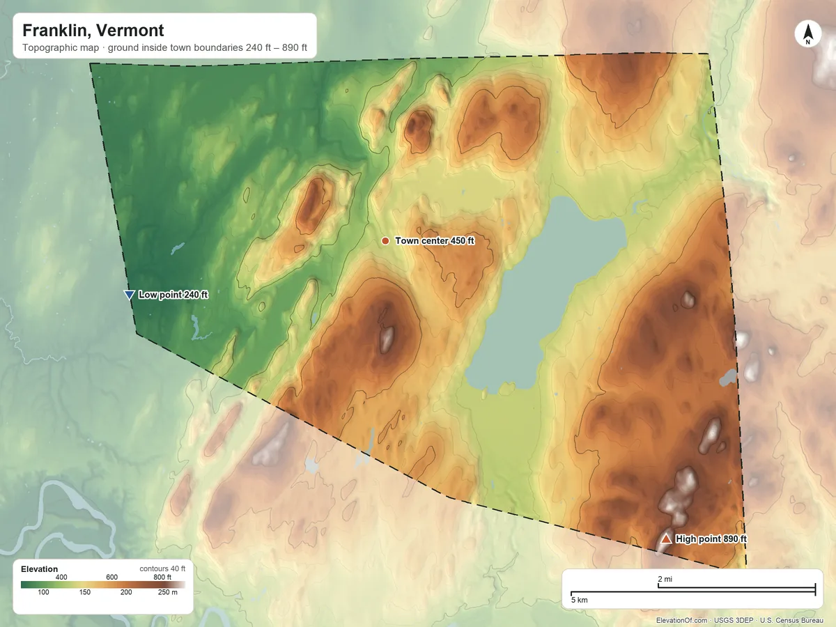 Topographic elevation map of Franklin, Vermont, shaded from 240 ft on the west side to 890 ft on the southeast side