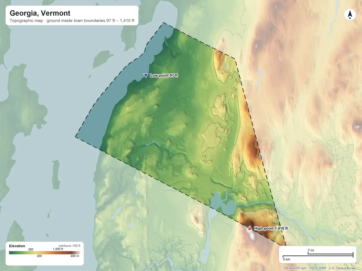 Topographic elevation map of Georgia, Vermont, shaded from 97 ft on the northwest side to 1,410 ft on the southeast side