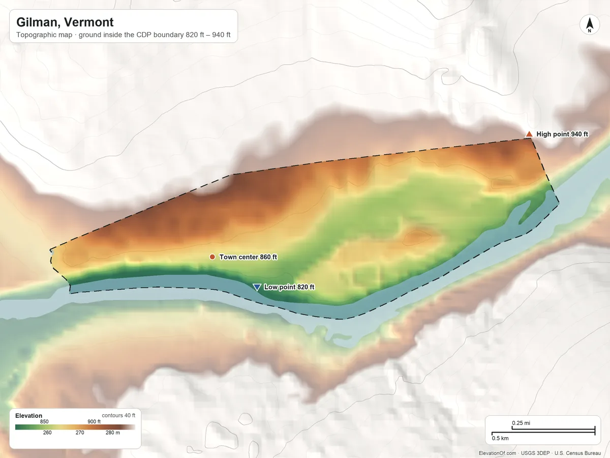 Topographic elevation map of Gilman, Vermont, shaded from 820 ft near the middle to 940 ft at the foot of the East Haven Range