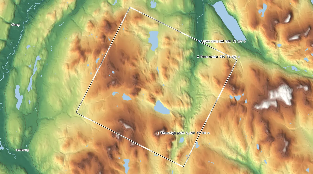Topographic elevation map of Glover, Vermont, shaded from 880 ft near the middle to 2,290 ft on Black Hills