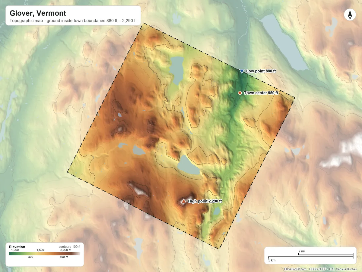 Topographic elevation map of Glover, Vermont, shaded from 880 ft near the middle to 2,290 ft on Black Hills