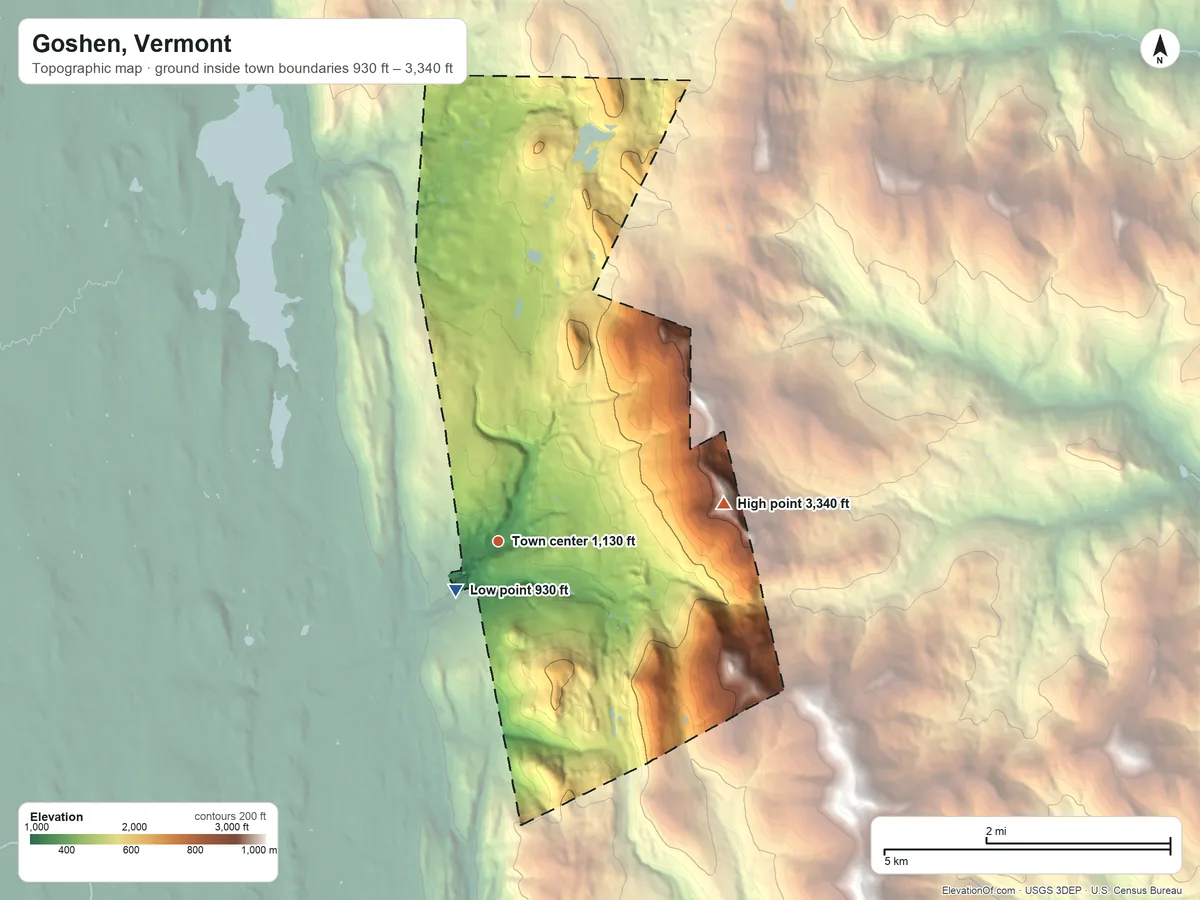 Topographic elevation map of Goshen, Vermont, shaded from 930 ft near the middle to 3,340 ft on Cape Lookoff Mountain