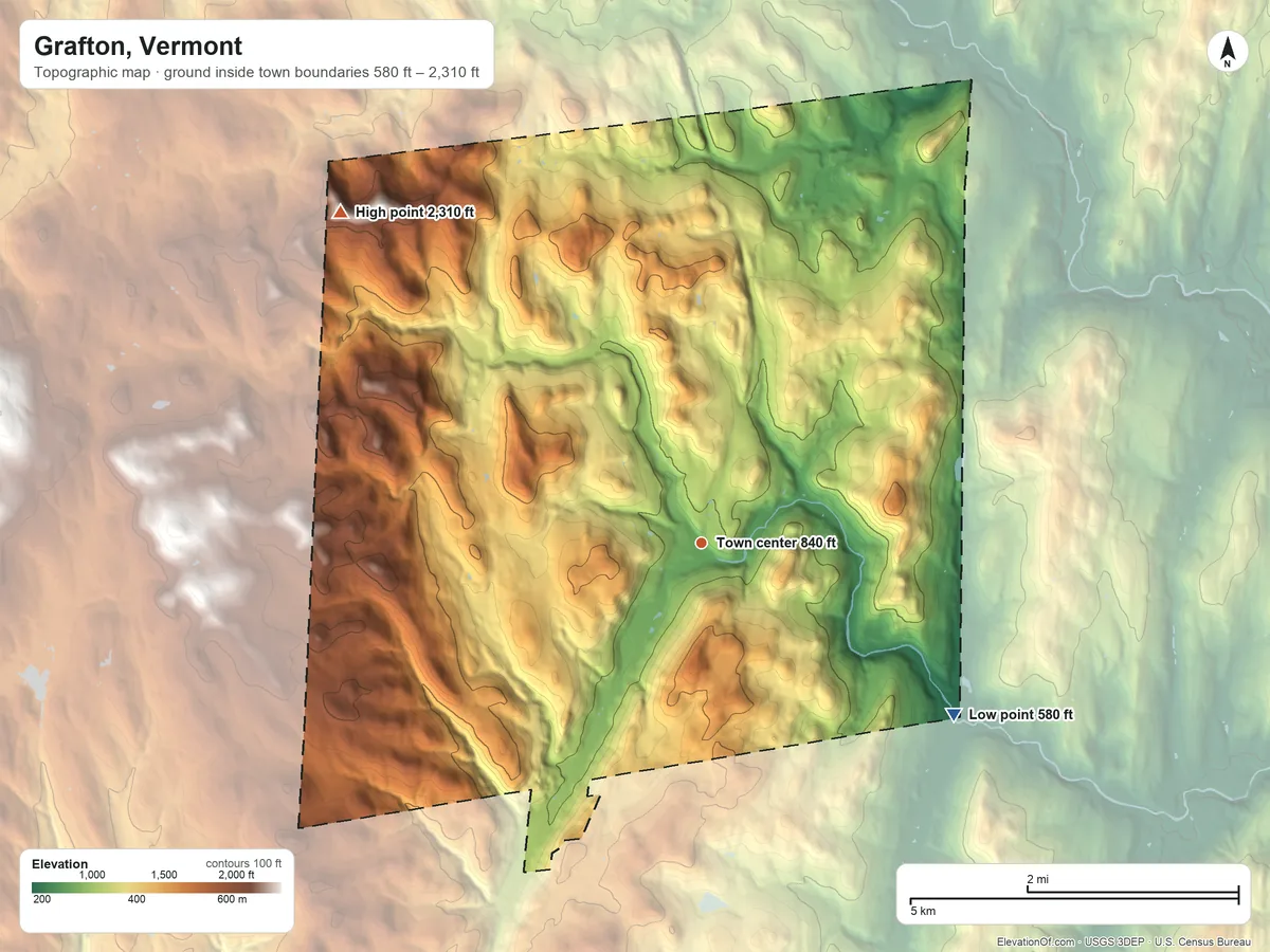 Topographic elevation map of Grafton, Vermont, shaded from 580 ft on the southeast side to 2,310 ft on the northwest side