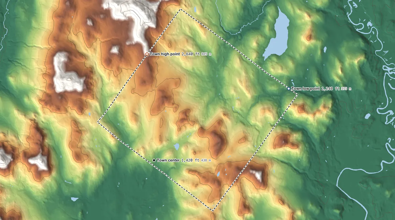 Topographic elevation map of Granby, Vermont, shaded from 1,240 ft on the northeast side to 2,640 ft at the foot of the East Haven Range