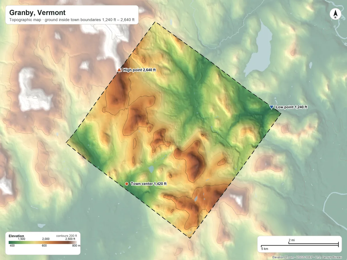 Topographic elevation map of Granby, Vermont, shaded from 1,240 ft on the northeast side to 2,640 ft at the foot of the East Haven Range
