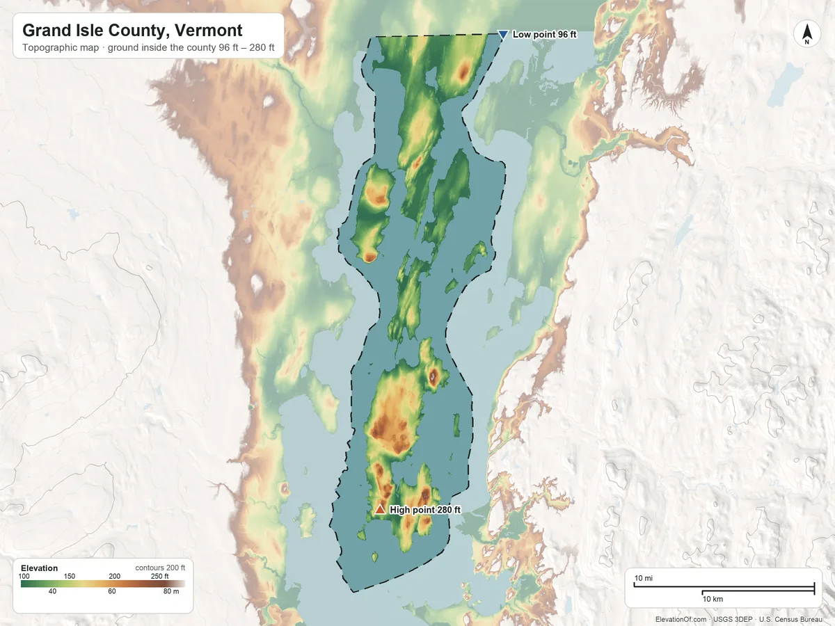 Topographic elevation map of Grand Isle County, Vermont, shaded from 96 ft on the north side to 280 ft on the south side