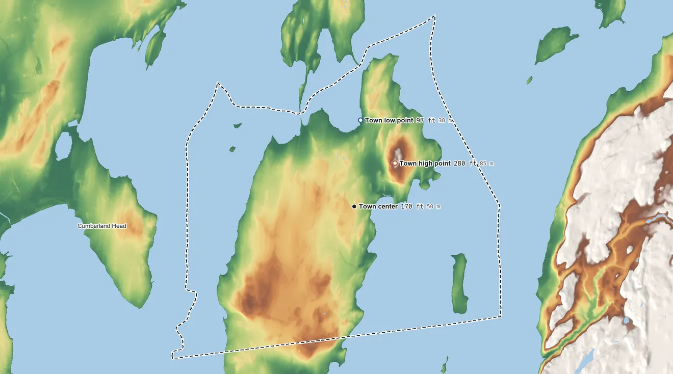 Topographic elevation map of Grand Isle, Vermont, shaded from 97 ft on the north side to 280 ft on the northeast side