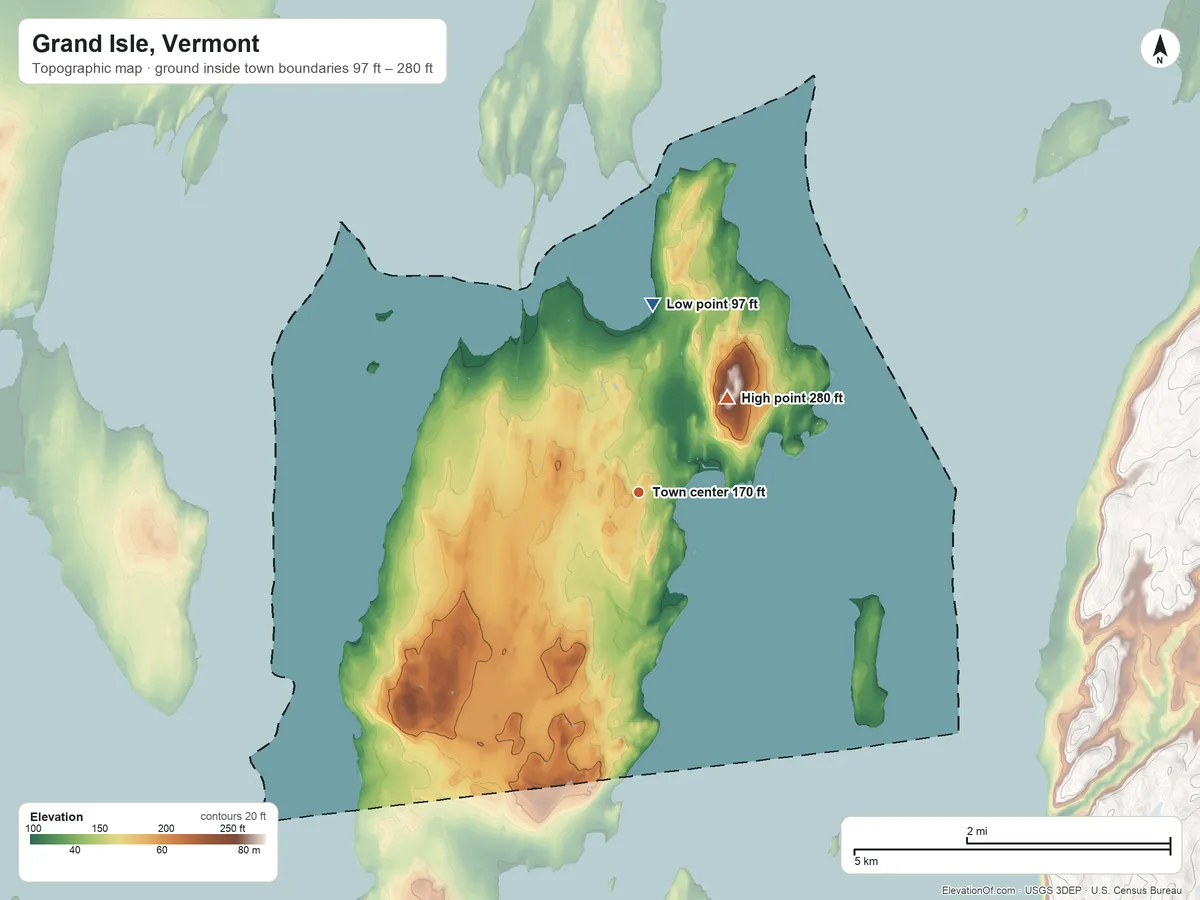 Topographic elevation map of Grand Isle, Vermont, shaded from 97 ft on the north side to 280 ft on the northeast side