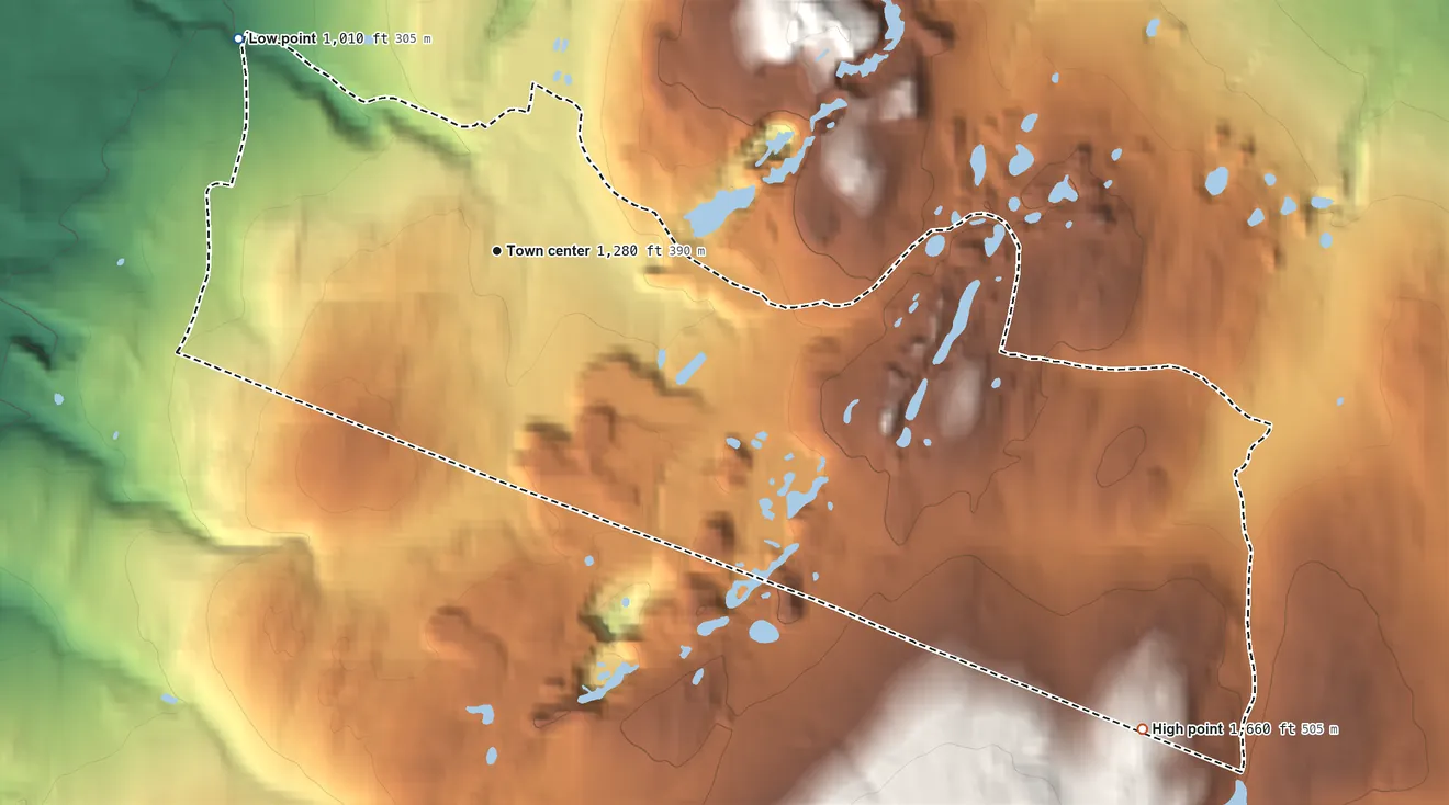 Topographic elevation map of Graniteville, Vermont, shaded from 1,010 ft on the northwest side to 1,660 ft on the southeast edge, below higher ground just outside