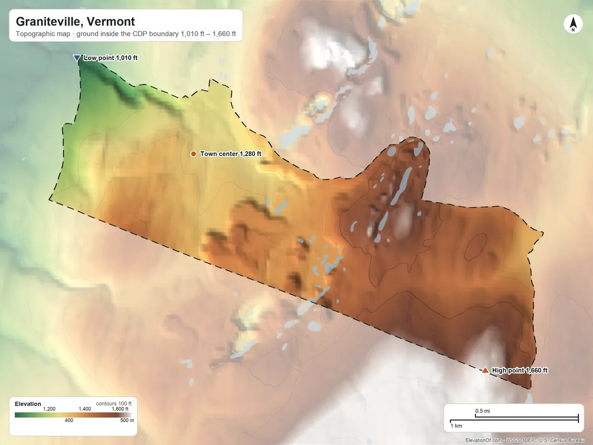 Topographic elevation map of Graniteville, Vermont, shaded from 1,010 ft on the northwest side to 1,660 ft on the southeast edge, below higher ground just outside