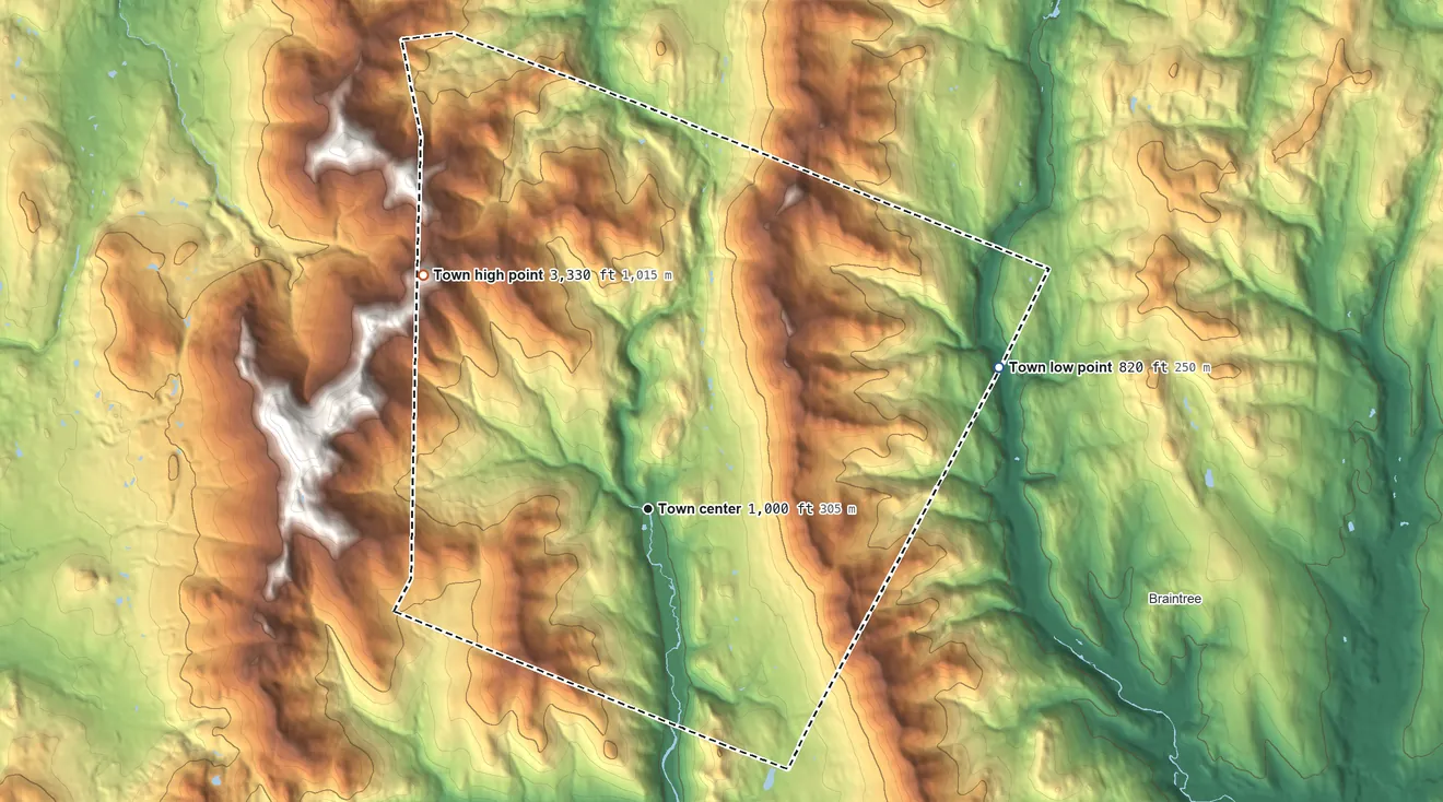 Topographic elevation map of Granville, Vermont, shaded from 820 ft on the east side to 3,330 ft on Little Hans Peak