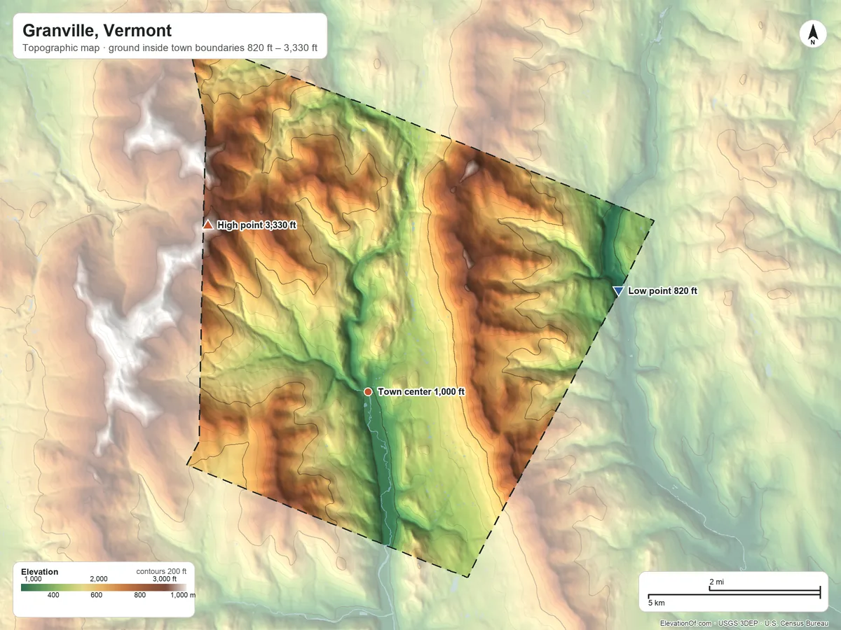 Topographic elevation map of Granville, Vermont, shaded from 820 ft on the east side to 3,330 ft on Little Hans Peak