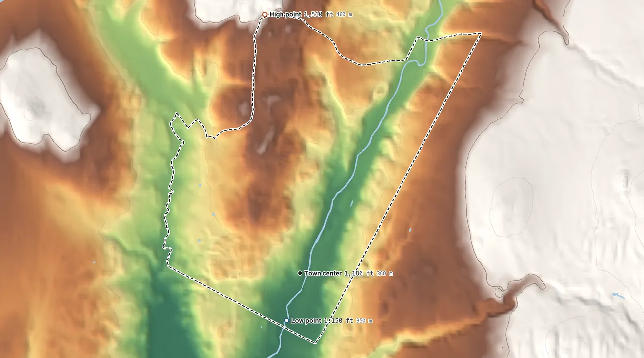 Topographic elevation map of Greensboro Bend, Vermont, shaded from 1,150 ft on the south side to 1,510 ft on the north side