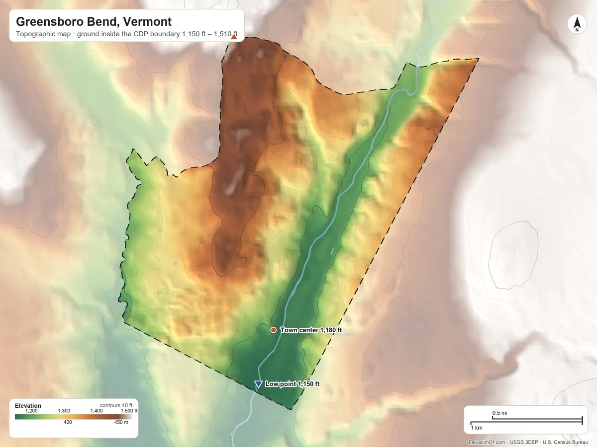 Topographic elevation map of Greensboro Bend, Vermont, shaded from 1,150 ft on the south side to 1,510 ft on the north side