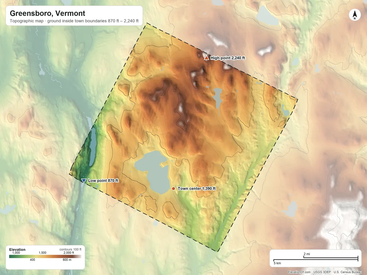 Topographic elevation map of Greensboro, Vermont, shaded from 870 ft on the west side to 2,240 ft on the north side