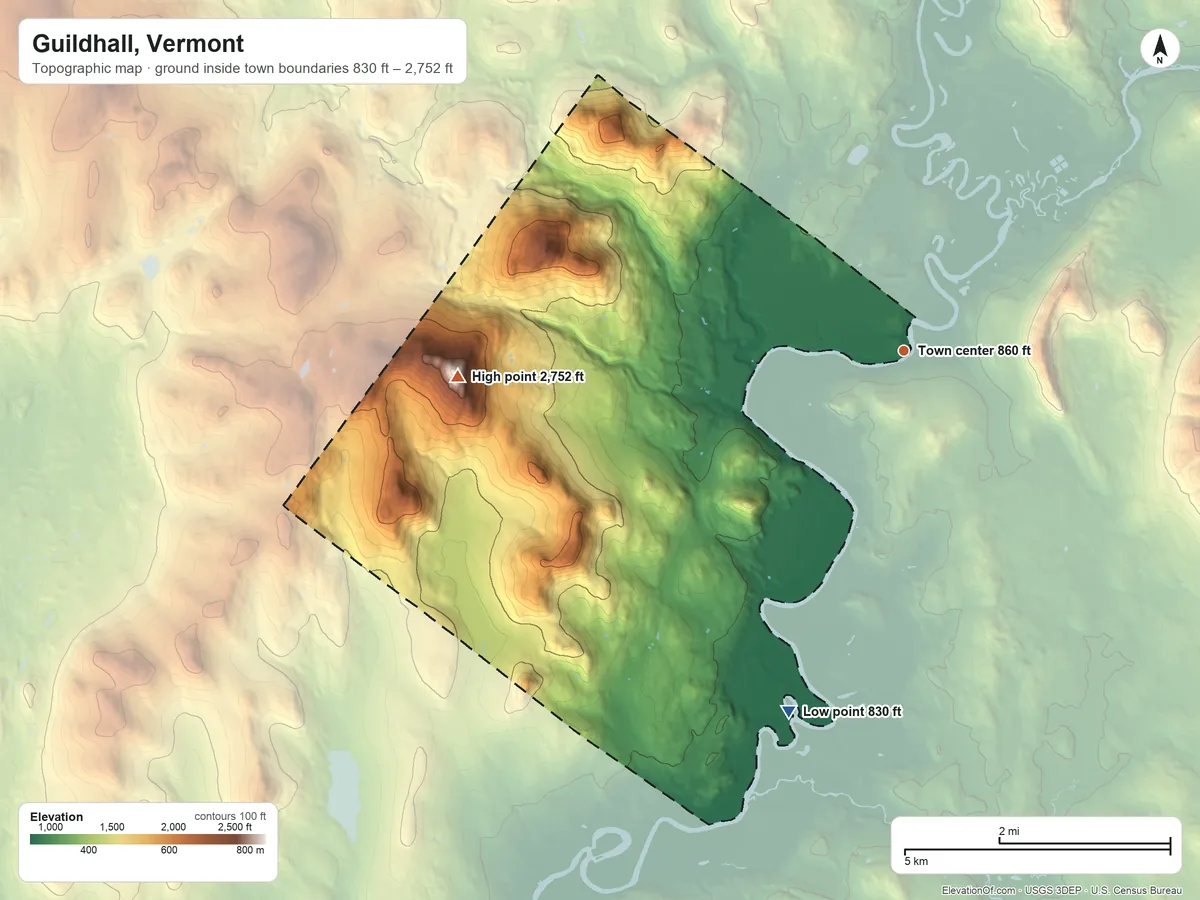 Topographic elevation map of Guildhall, Vermont, shaded from 830 ft on the south side to 2,752 ft on Stone Mountain