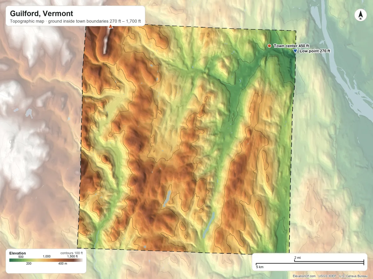 Topographic elevation map of Guilford, Vermont, shaded from 270 ft near the middle to 1,700 ft on Governors Mountain