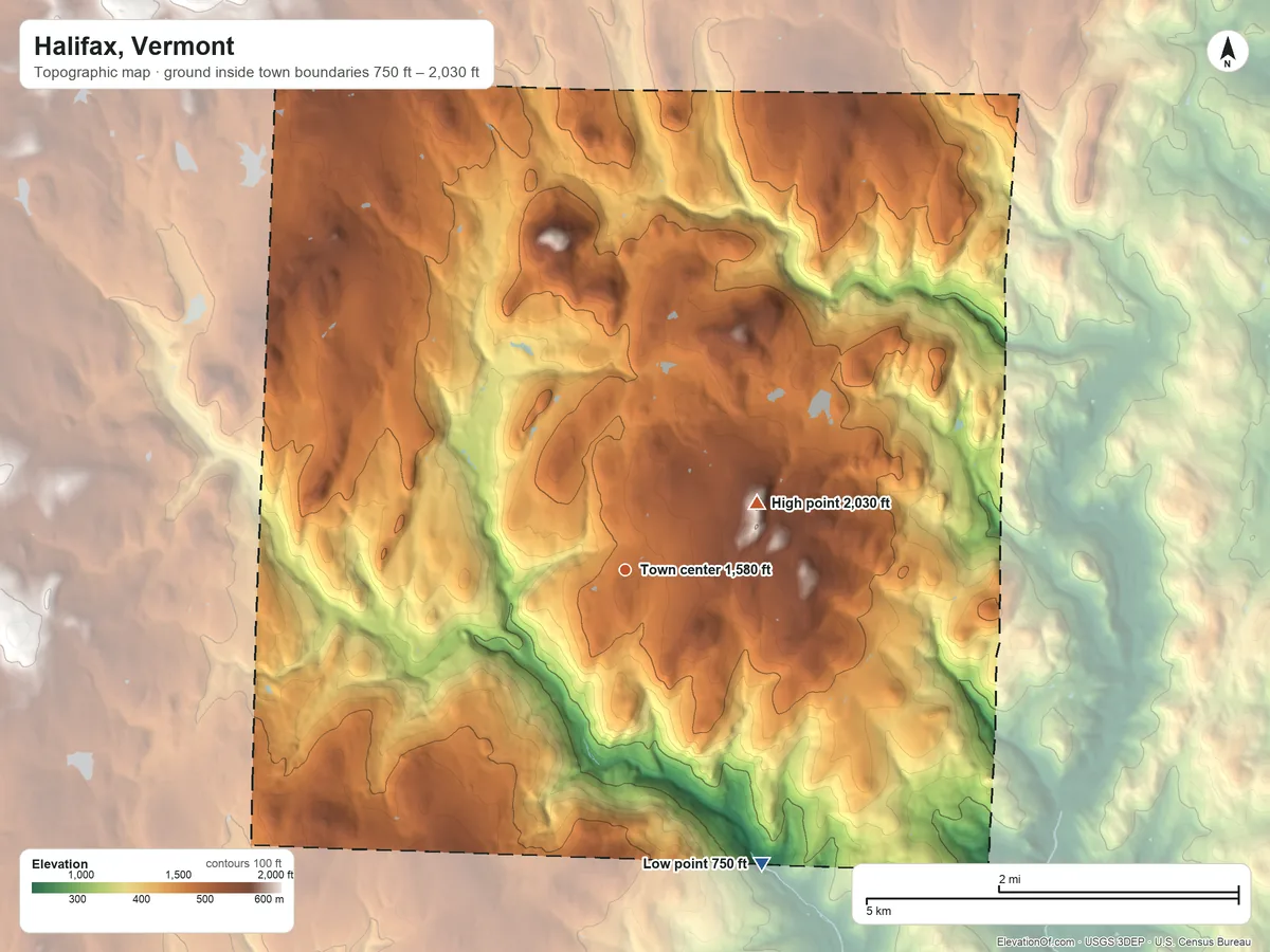 Topographic elevation map of Halifax, Vermont, shaded from 750 ft on the southeast side to 2,030 ft on Jolly Mountain