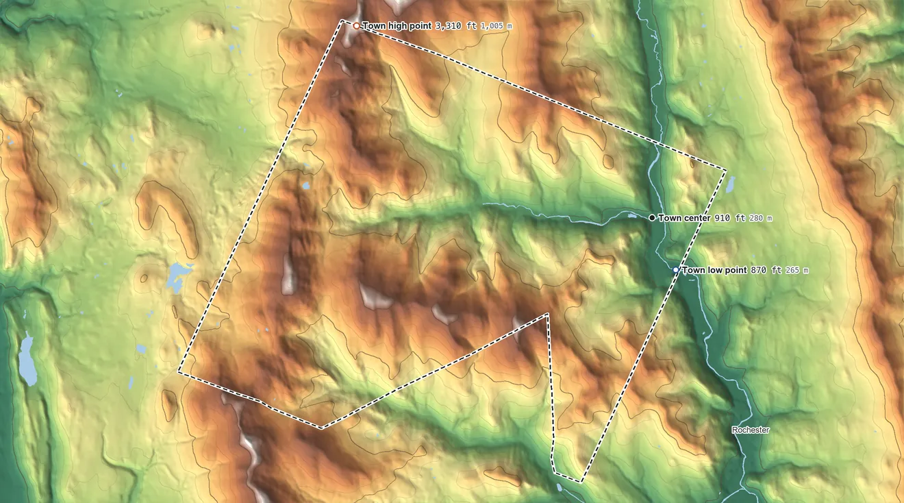 Topographic elevation map of Hancock, Vermont, shaded from 870 ft near the middle to 3,310 ft on the northwest edge, below higher ground just outside