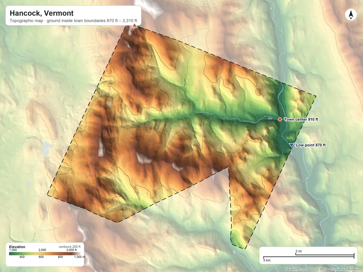 Topographic elevation map of Hancock, Vermont, shaded from 870 ft near the middle to 3,310 ft on the northwest edge, below higher ground just outside