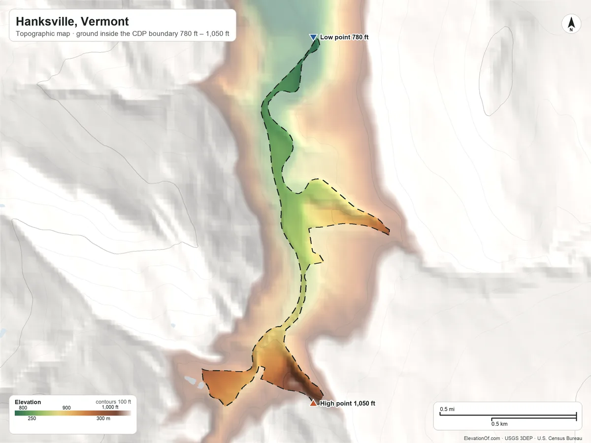 Topographic elevation map of Hanksville, Vermont, shaded from 780 ft on the north side to 1,050 ft at the foot of the Green Mountains