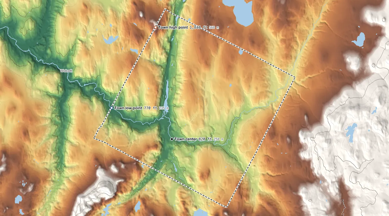 Topographic elevation map of Hardwick, Vermont, shaded from 770 ft on the northwest side to 1,840 ft on Jeudevine Mountain