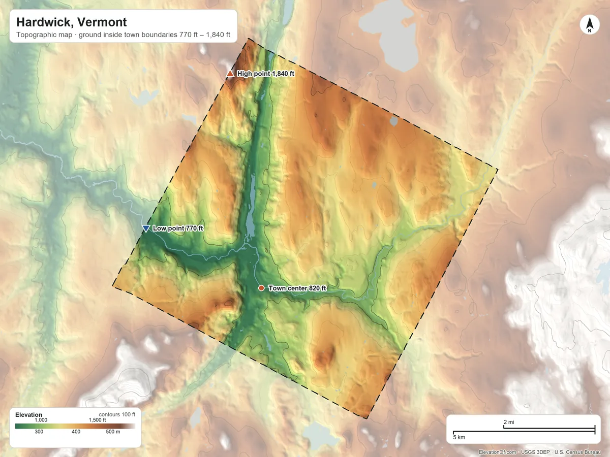 Topographic elevation map of Hardwick, Vermont, shaded from 770 ft on the northwest side to 1,840 ft on Jeudevine Mountain