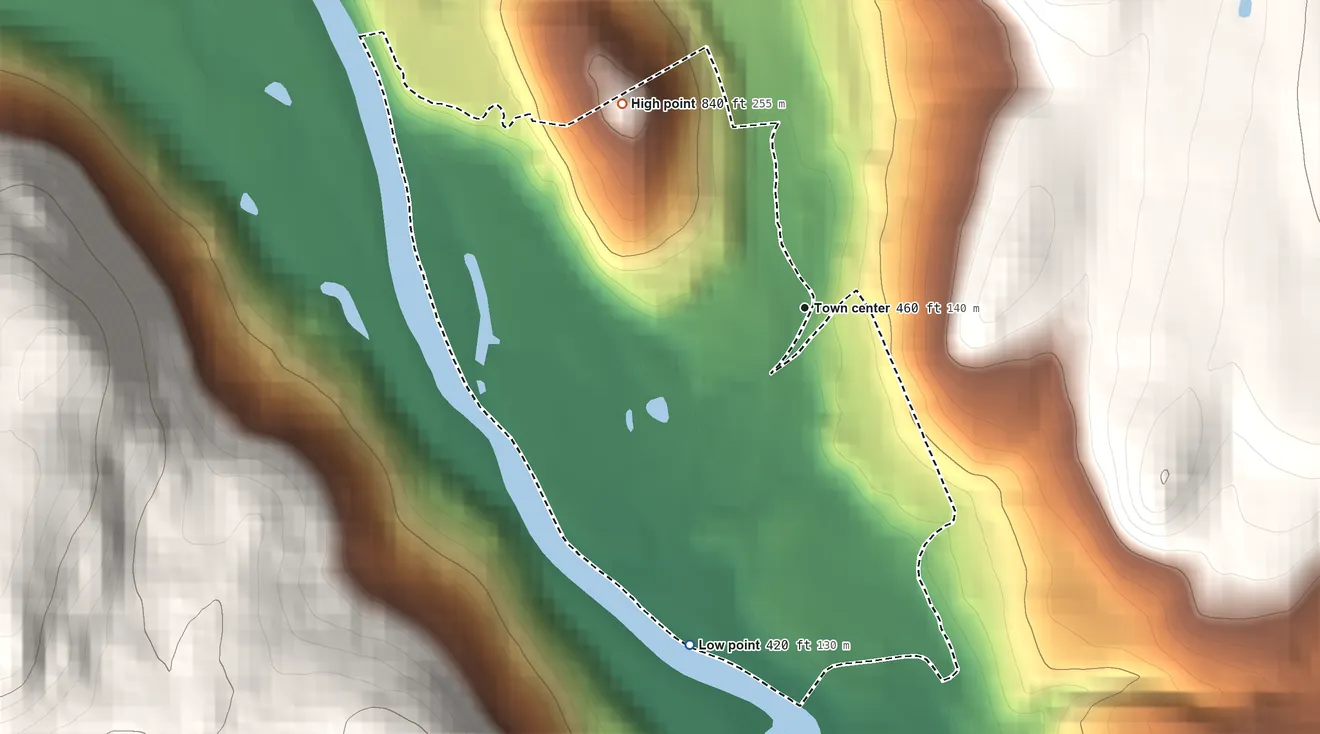 Topographic elevation map of Harmonyville, Vermont, shaded from 420 ft on the south side to 840 ft on the northwest edge, below higher ground just outside