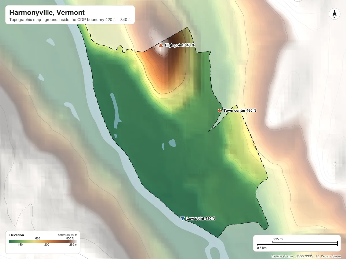 Topographic elevation map of Harmonyville, Vermont, shaded from 420 ft on the south side to 840 ft on the northwest edge, below higher ground just outside