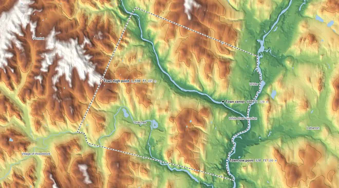 Topographic elevation map of Hartford, Vermont, shaded from 320 ft on the south side to 1,590 ft on the west edge, below higher ground just outside