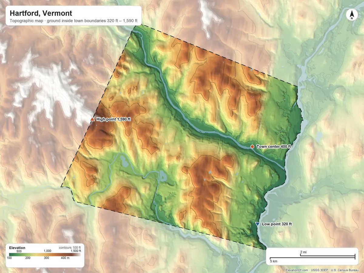 Topographic elevation map of Hartford, Vermont, shaded from 320 ft on the south side to 1,590 ft on the west edge, below higher ground just outside