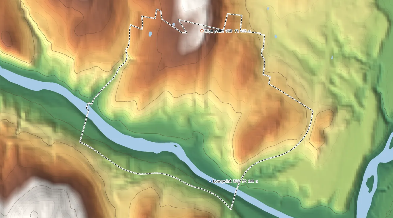 Topographic elevation map of Hartford Village, Vermont, shaded from 330 ft on the southeast side to 960 ft on the north side