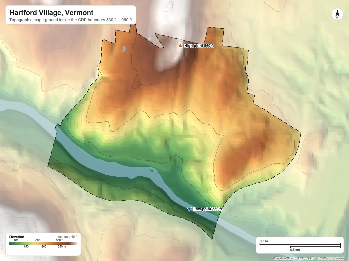 Topographic elevation map of Hartford Village, Vermont, shaded from 330 ft on the southeast side to 960 ft on the north side