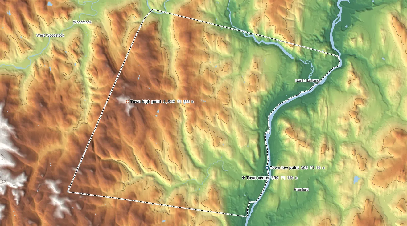 Topographic elevation map of Hartland, Vermont, shaded from 300 ft near the middle to 1,810 ft on Garvin Hill