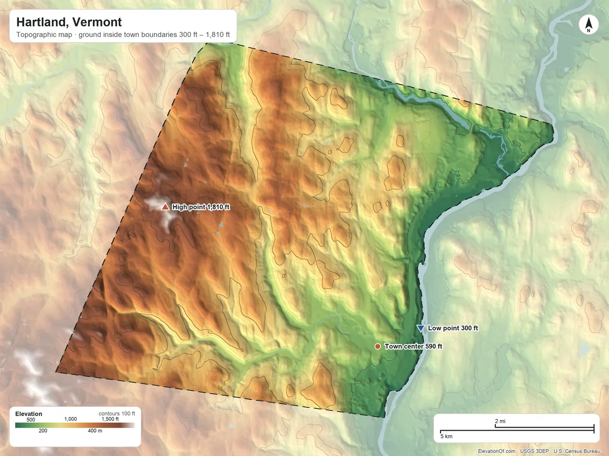 Topographic elevation map of Hartland, Vermont, shaded from 300 ft near the middle to 1,810 ft on Garvin Hill