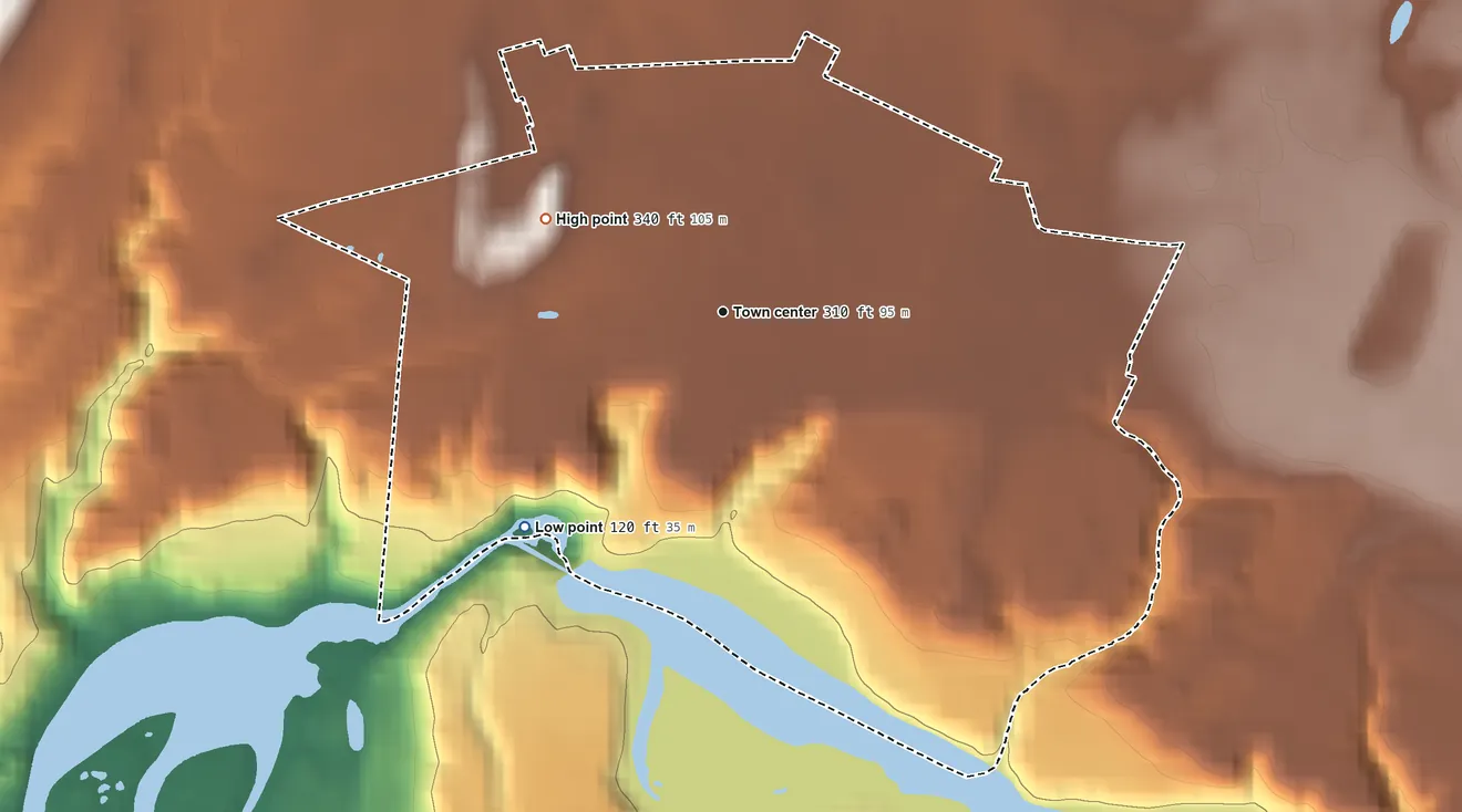 Topographic elevation map of Highgate Center, Vermont, shaded from 120 ft on the southwest side to 340 ft on the northwest side