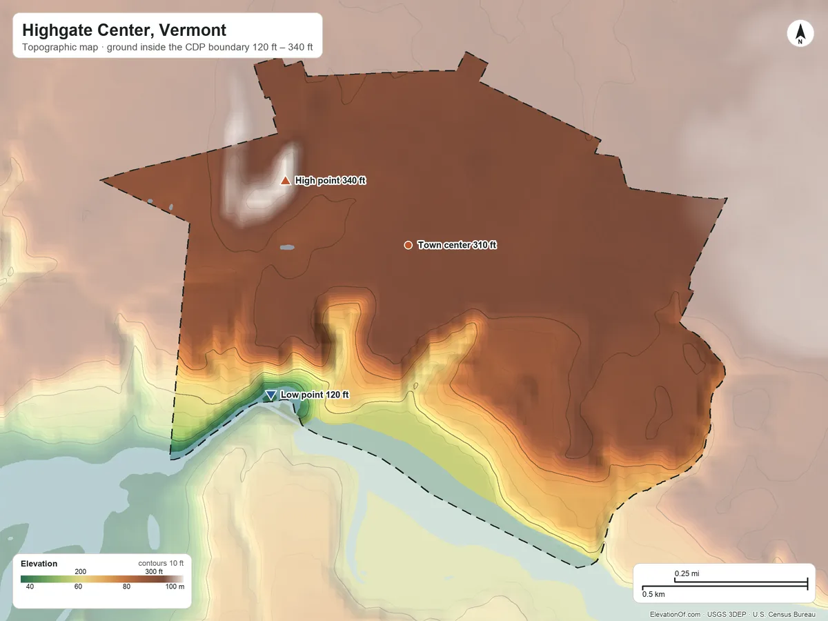 Topographic elevation map of Highgate Center, Vermont, shaded from 120 ft on the southwest side to 340 ft on the northwest side