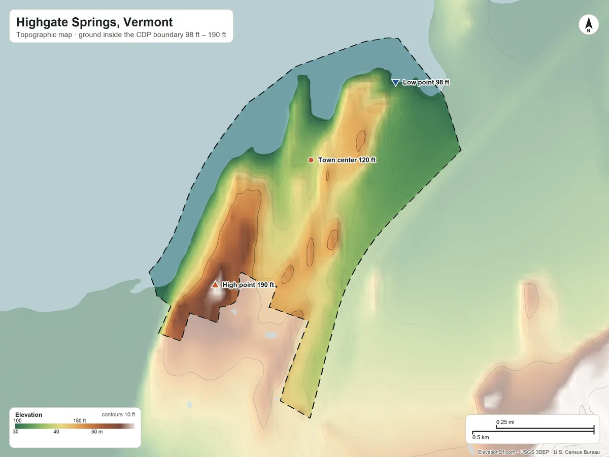 Topographic elevation map of Highgate Springs, Vermont, shaded from 98 ft on the northeast side to 190 ft on the southwest side