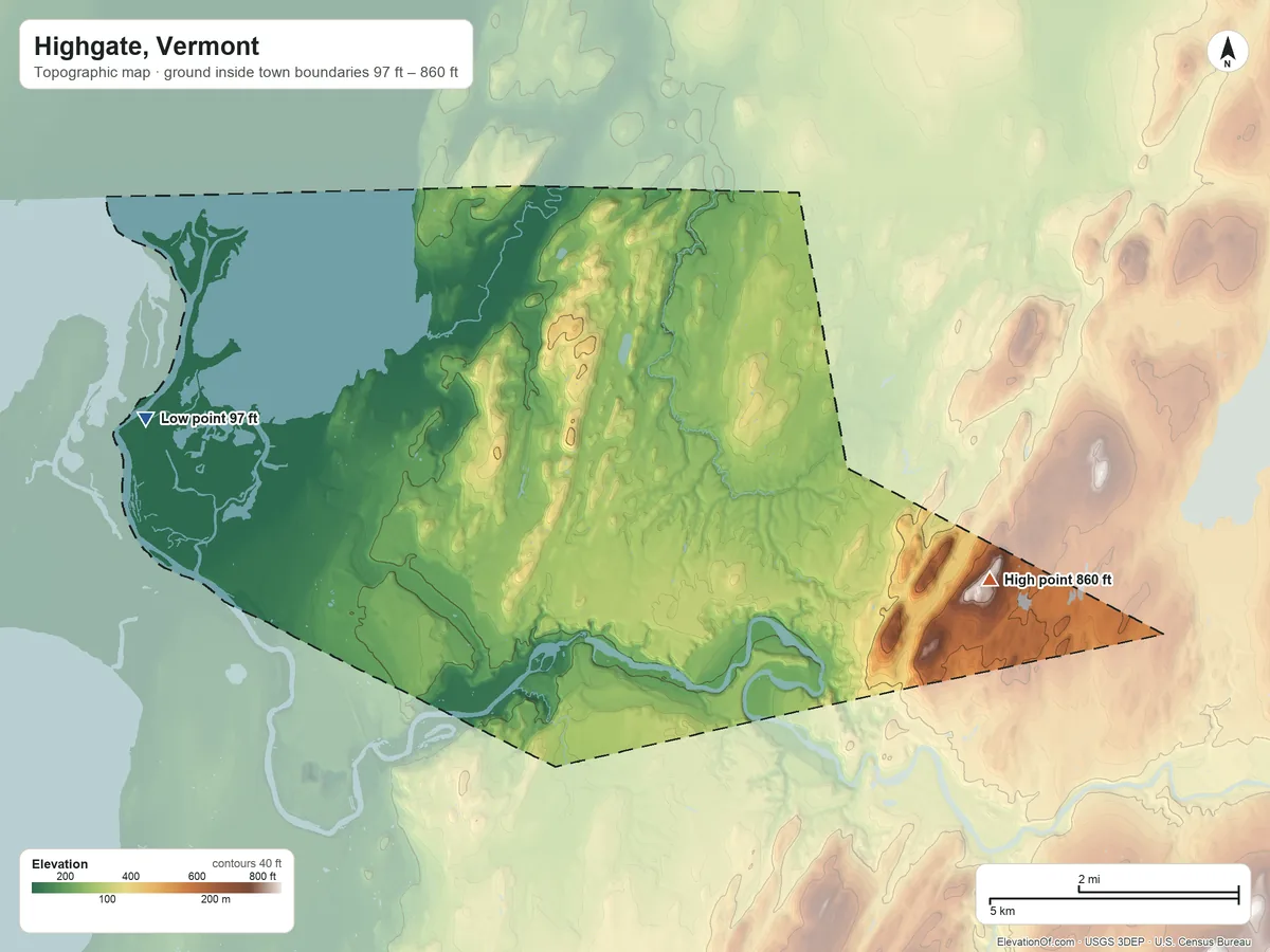Topographic elevation map of Highgate, Vermont, shaded from 97 ft on the west side to 860 ft on the east side