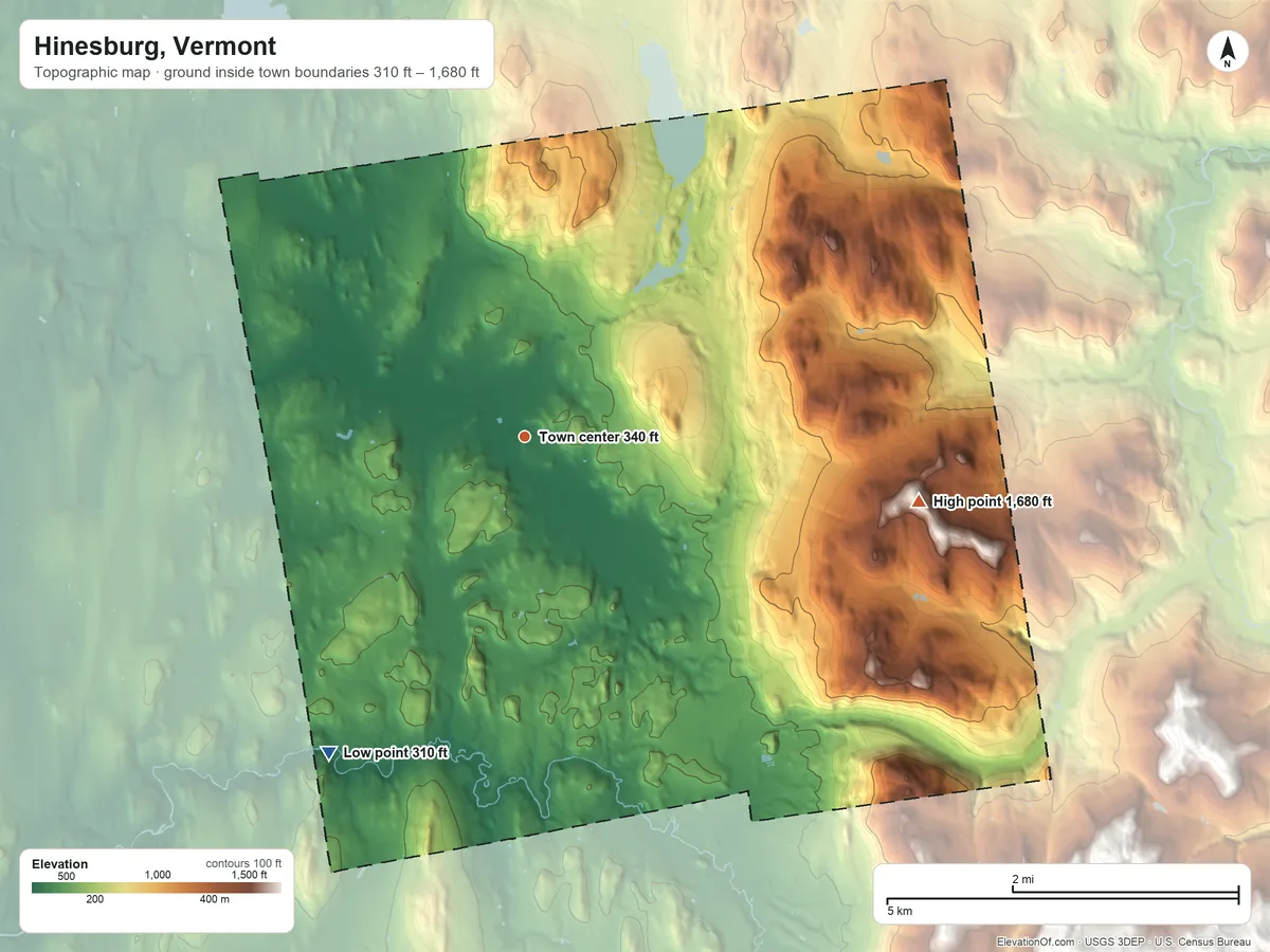 Topographic elevation map of Hinesburg, Vermont, shaded from 310 ft on the southwest side to 1,680 ft on the east side