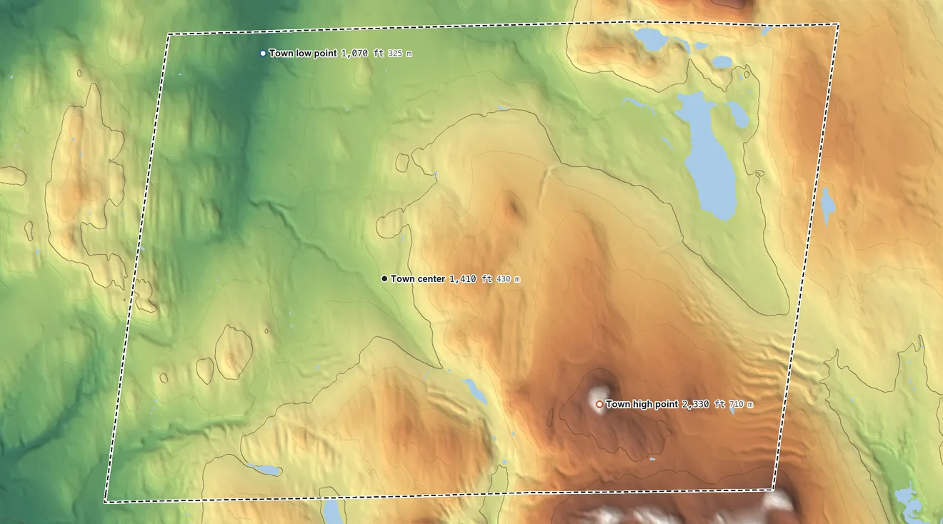 Topographic elevation map of Holland, Vermont, shaded from 1,070 ft on the northwest side to 2,332 ft on Mount John