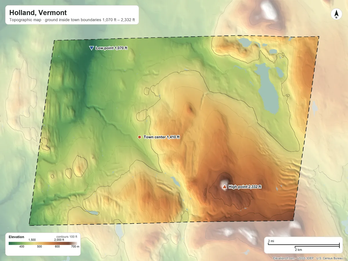 Topographic elevation map of Holland, Vermont, shaded from 1,070 ft on the northwest side to 2,332 ft on Mount John