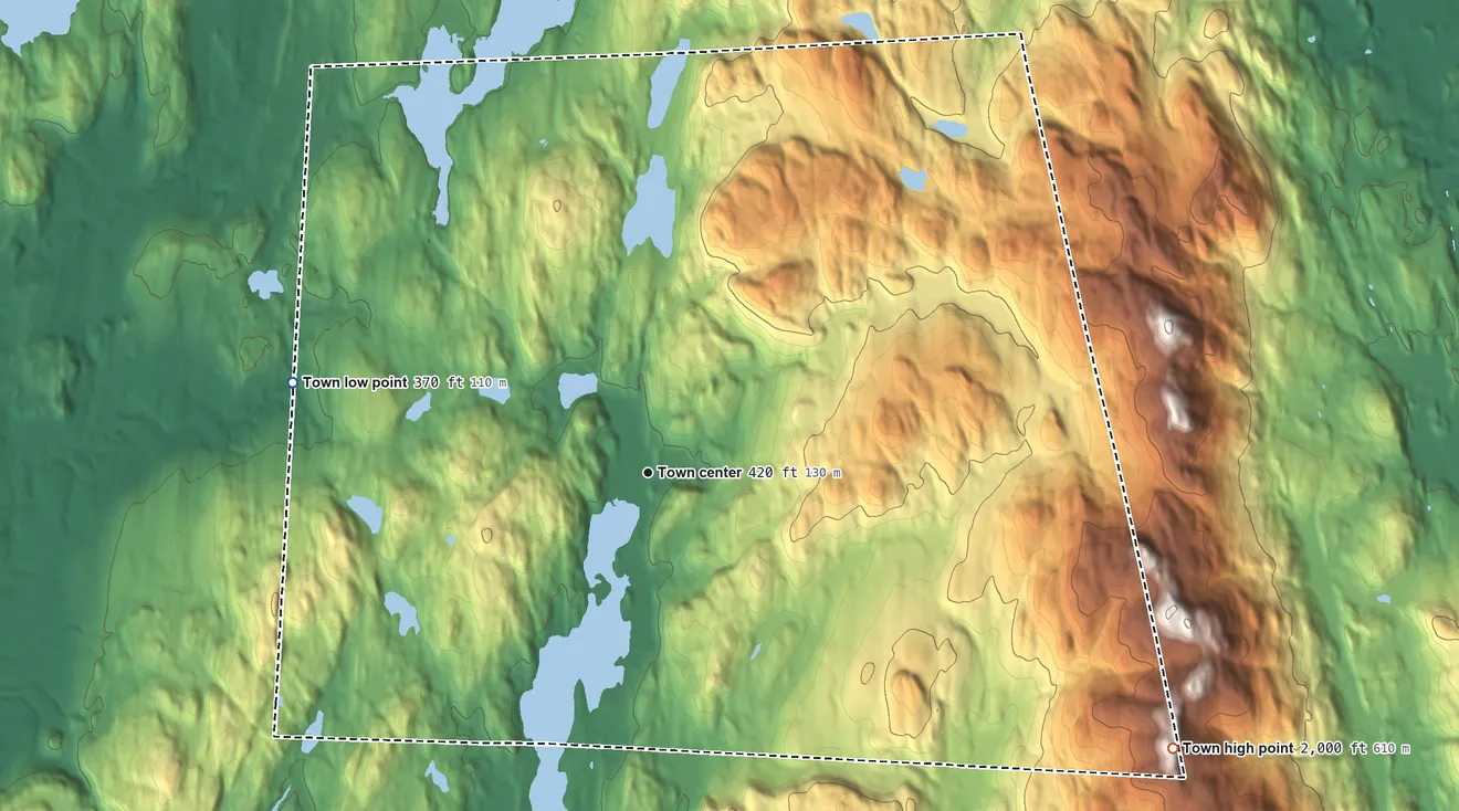 Topographic elevation map of Hubbardton, Vermont, shaded from 370 ft on the west side to 2,000 ft on the southeast side