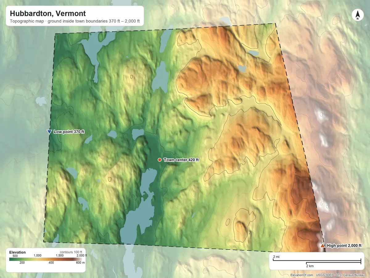Topographic elevation map of Hubbardton, Vermont, shaded from 370 ft on the west side to 2,000 ft on the southeast side